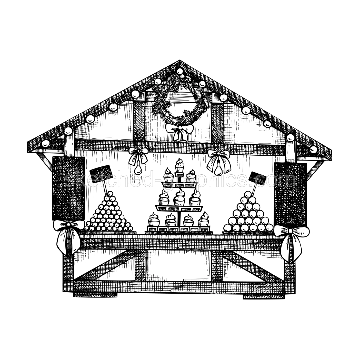 Christmas market stall kiosk sketch. Hand-drawn vector illustration. Traditional winter Christmas fair marketplace.  Wooden booth candy shop with sweets, garlands decoration, Christmas wreaths. Illustration